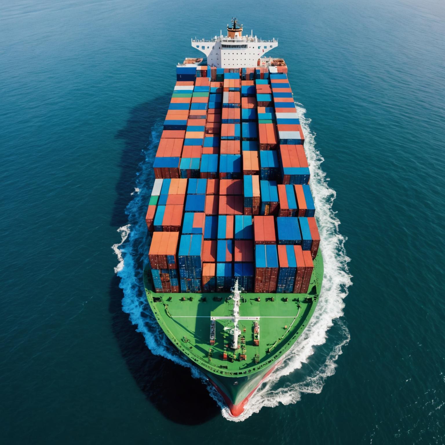 Container ship loaded with stacked containers on open ocean